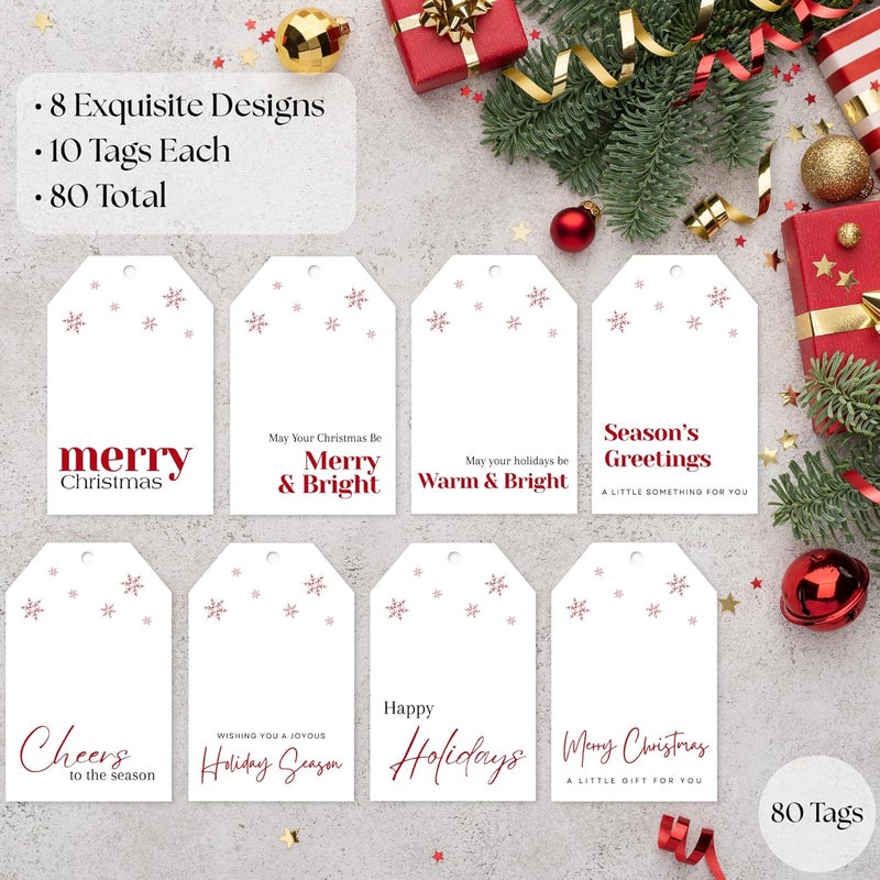 Paper Play Christmas Gift Tags - 80 Modern Text Holiday Tags with String, 8 Minimal Typography Designs - 350gsm Christmas Name Tags for Presents - Image 4
